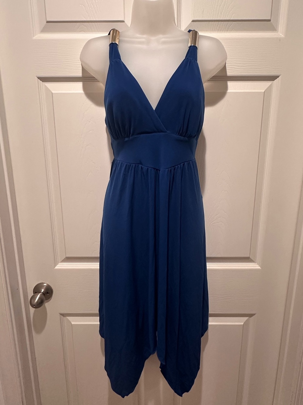 Rare Vintage Y2K La Belle Cobalt Blue Gold Hardware Handkerchief Dress L USA